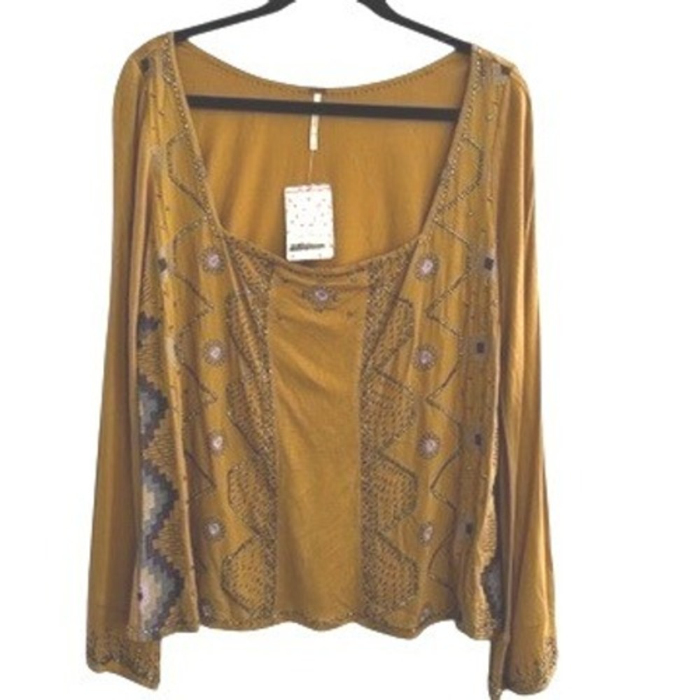 Free People Mustard Embroidered Long Sleeve Blouse